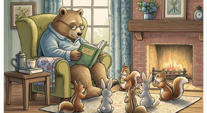 Bác Gấu hiền từ đang mang bát súp nóng chăm sóc chú sói gian ác trong hang đá ấm áp