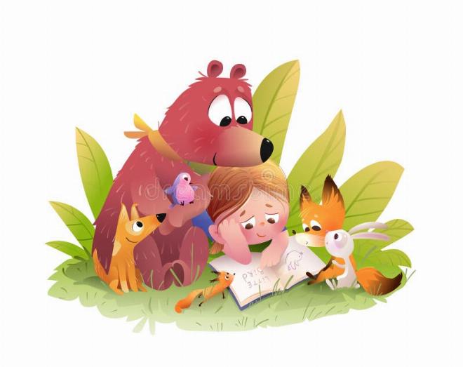 Hà My đang kể chuyện cho em bé lạc đường trong khu rừng già, những chú thỏ và chim chóc vây quanh lắng nghe
