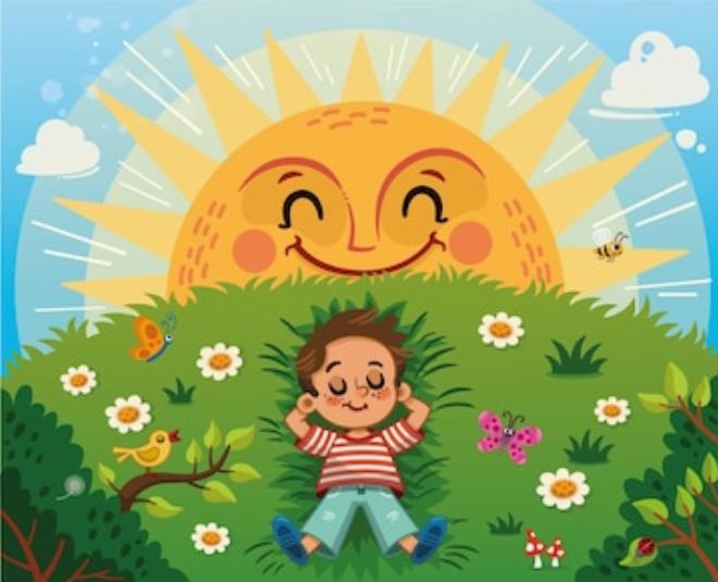 Cậu bé Bin vui sướng bên bông hoa cúc trắng nở trên nền đất mùa đông, ông mặt trời đang chiếu tia nắng ấm từ trên cao