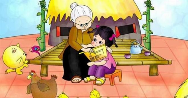 Cậu bé Bin chăm chú lắng nghe bà kể truyện cổ tích trong căn nhà nhỏ