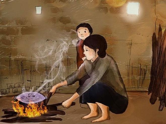 Cậu bé Bin đặt bông hoa cúc trắng vào tay bà nội đang nằm trên giường, không gian yên tĩnh và ấm áp, ánh nến lung linh