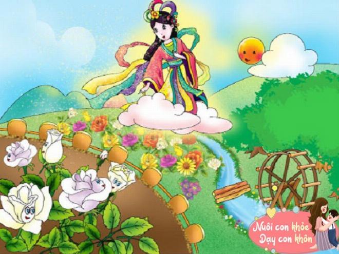 Cô bé nhận bông hoa từ ông tiên trong khu rừng xanh ngát, một hình ảnh đẹp về truyện cổ tích truyền thống Việt Nam