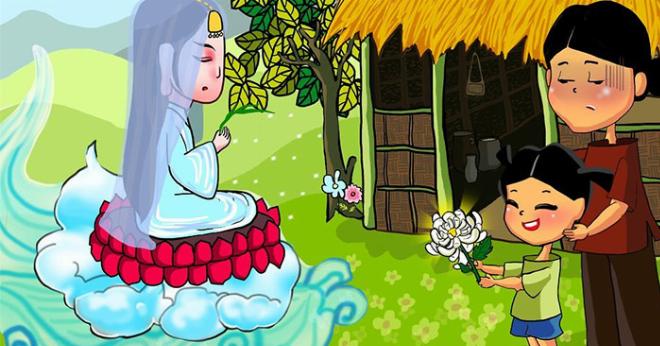 Cậu bé Bin quỳ bên bà nội già yếu, tay nâng niu bông hoa cúc trắng, bối cảnh ngôi nhà nhỏ ấm cúng, ánh sáng dịu nhẹ từ khung cửa sổ