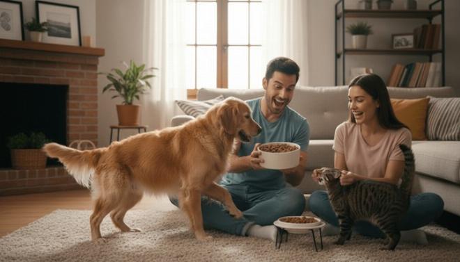Hình ảnh một chú chó Golden và một chú mèo mướp đang chơi đùa cùng nhau trong phòng khách ấm áp