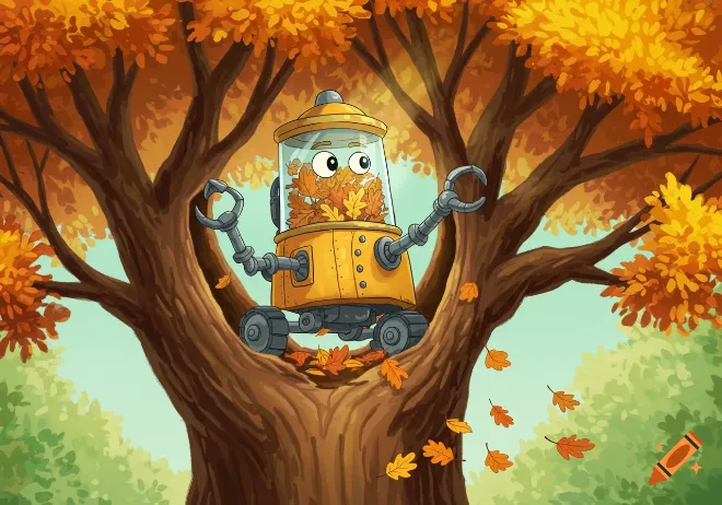 Hình ảnh chú robot Bíp dễ thương đang an ủi bạn Sóc Nâu dưới gốc cây đa trong một câu truyện thiếu nhi hiện đại