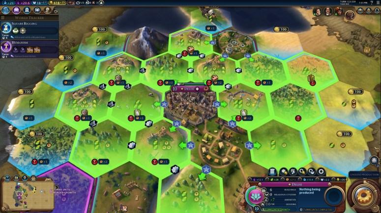 Màn hình quy hoạch thành phố trong game Civilization VI, với các khu chuyên dụng như khu công nghiệp, trường đại học và kỳ quan Kim Tự Tháp đang được xây dựng