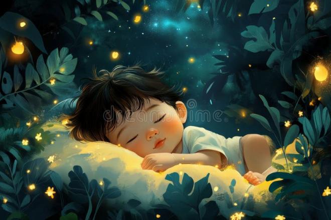 Chú đom đóm nhỏ cuộn mình ngủ ngon trên một chiếc lá xanh mướt dưới ánh sao