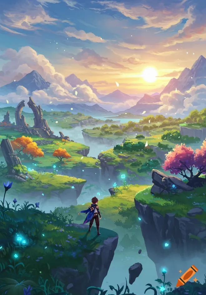 Nhân vật trong một tựa game nhập vai thế giới mở đang đứng trên đỉnh núi nhìn xuống thung lũng