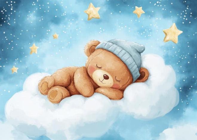 Gấu Nhỏ nằm ngủ ngon lành trên đám mây mềm mại bên cạnh Ngôi Sao Xanh dịu dàng