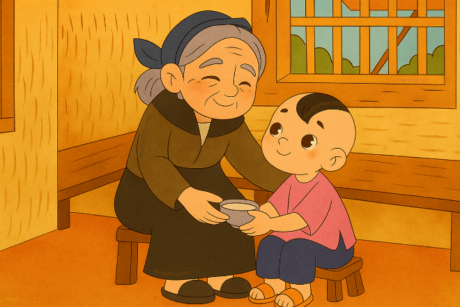 Cậu bé Hiếu nhận túi hạt giống từ bà lão trong một câu truyện cổ tích thần kỳ đầy cảm xúc
