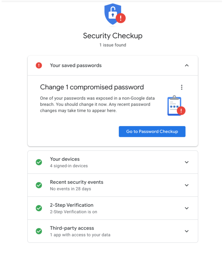 Giao diện kiểm tra bảo mật Security Checkup hiển thị các thiết bị đang đăng nhập và hoạt động gần đây