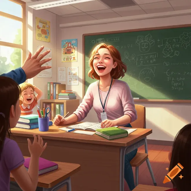 Cô giáo và các học sinh trong lớp học đang cười đùa vì một câu trả lời ngây ngô