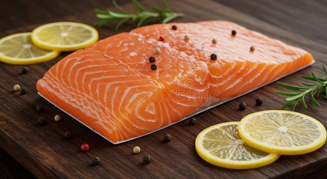 Miếng phi lê cá hồi tươi với lát chanh và vài hạt tiêu, bố cục đẹp mắt, ánh sáng nghiêng, phong cách nhiếp ảnh ẩm thực hiện đại.