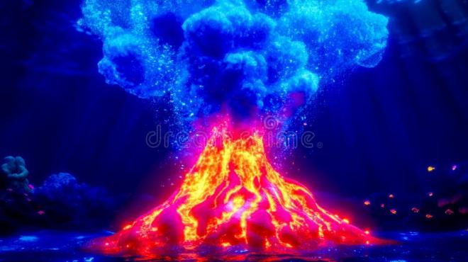 Hình ảnh mô phỏng núi lửa dưới đáy biển đang phun trào với dung nham đỏ rực và khói bốc lên