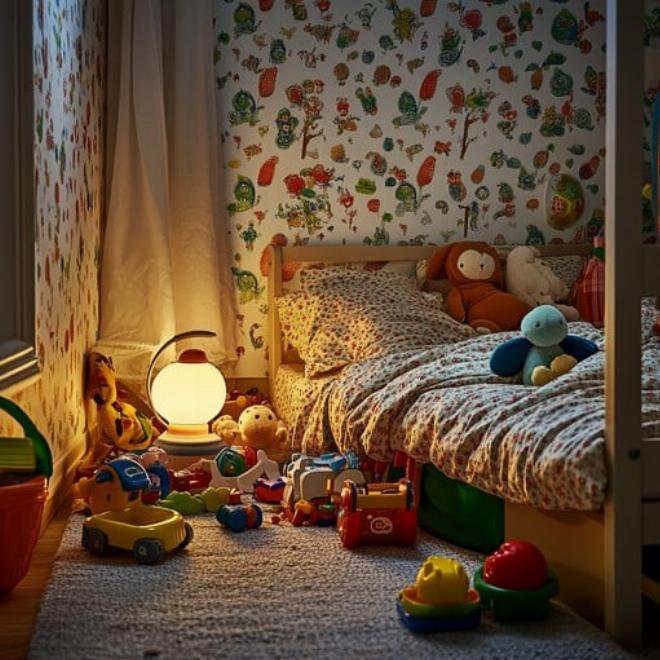 Căn phòng ngủ của bé ấm áp với ánh trăng chiếu qua cửa sổ, mang đến cảm giác bình yên