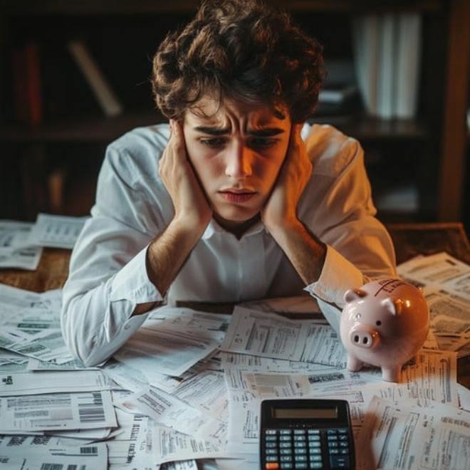 Người đàn ông lo lắng ngồi trước đống hồ sơ nợ nần tìm hiểu không trả nợ có bị đi tù không