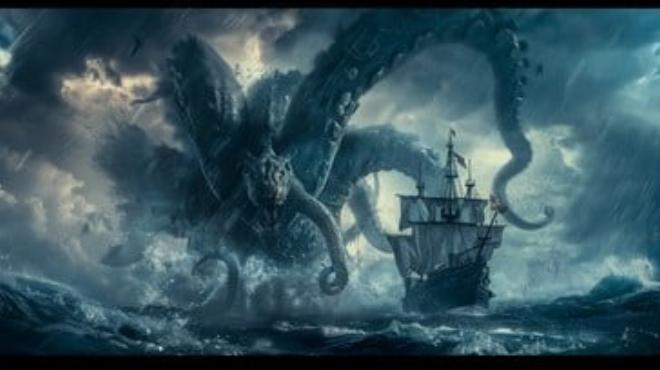 Sinh vật biển khổng lồ Kraken quái vật biển huyền thoại tấn công tàu buồm trên biển