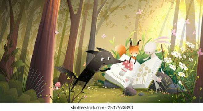 Chú sói và các bạn thú cùng nhau vui chơi và đọc truyện trong khu rừng xanh