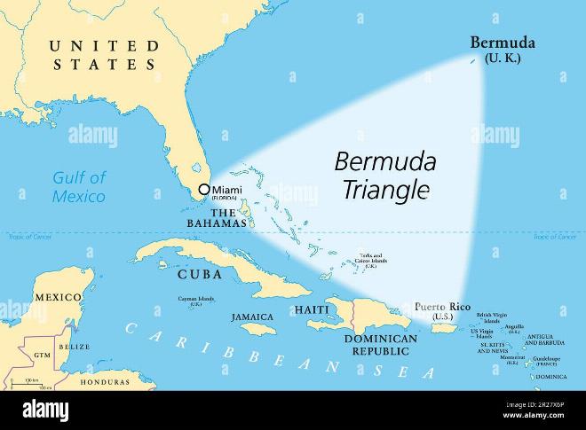 Bản đồ vị trí tam giác Bermuda với ba đỉnh Miami, Bermuda và Puerto Rico