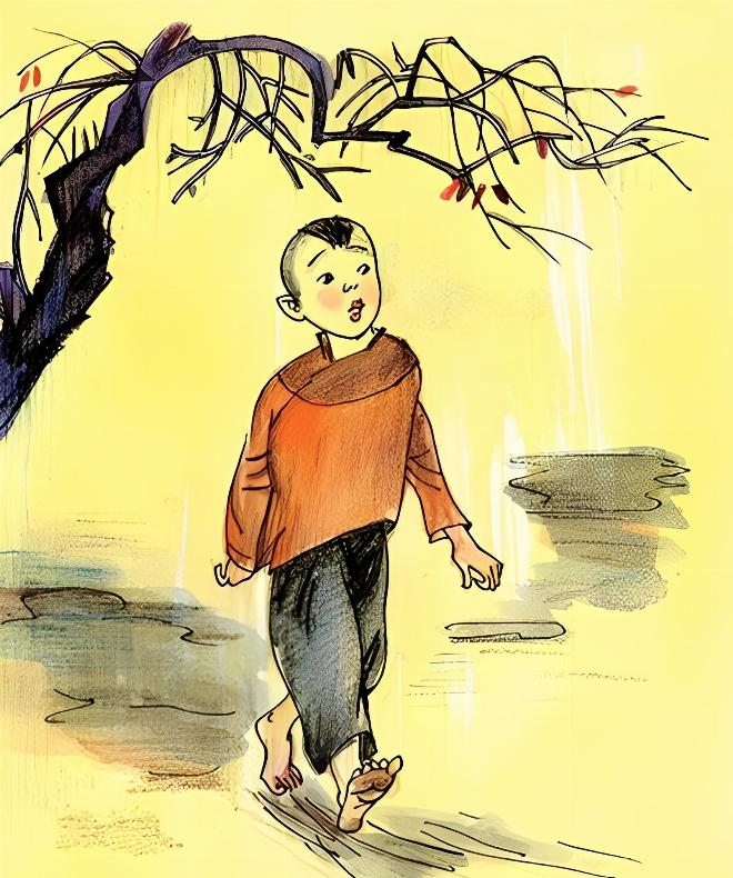Thần Biển hóa thành ông lão hiền từ đang trò chuyện cùng cậu bé Tôm trên bờ cát