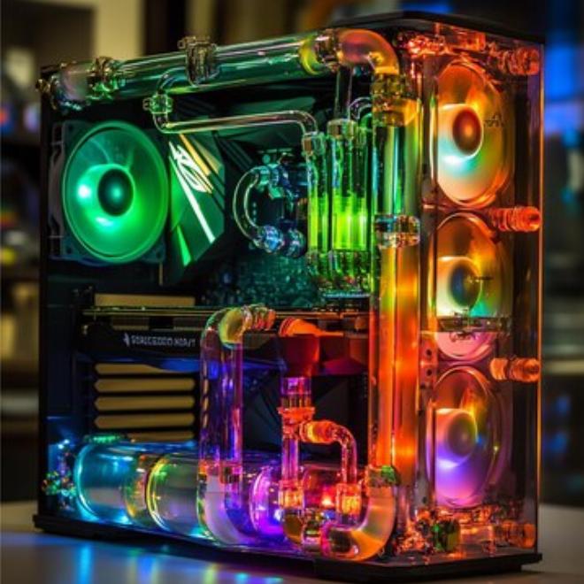 Hệ thống tản nhiệt nước AIO với đèn LED RGB rực rỡ bên trong thùng máy PC hiện đại