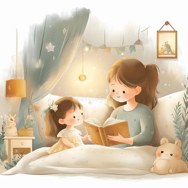 Bé Bi và Thỏ Bông đang ngủ ngon lành dưới ánh trăng dịu dàng, một cảnh đẹp trong truyện cho bé 3 tuổi
