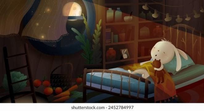 Hình ảnh bạn Thỏ Bông nhỏ bé đang ngước nhìn vầng trăng tròn sáng rực rỡ trong một câu truyện cho bé 3 tuổi