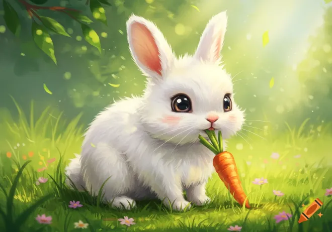 Chú thỏ trắng Bông đang ngạc nhiên nhìn củ cà rốt khổng lồ trong khu vườn cổ tích vui nhộn cho trẻ em