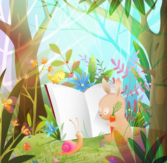 Chú thỏ quàng khăn vàng ngồi giữa vòng tròn các bạn thú trong rừng, đang kể chuyện rất vui vẻ