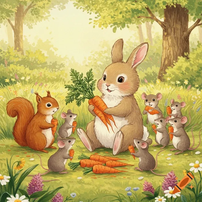 Hình ảnh chú thỏ trắng dễ thương đang xách giỏ cà rốt đi trên con đường làng rực rỡ nắng vàng trong truyện cổ tích cho bé 3 tuổi
