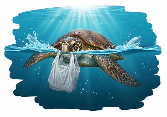 Minh họa rùa biển bị mắc kẹt trong túi nilon dưới đại dương