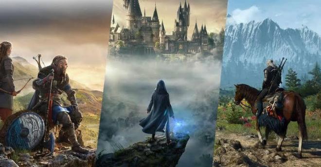 Collage các tựa game thế giới mở nổi tiếng như GTA V, Witcher 3, Genshin Impact