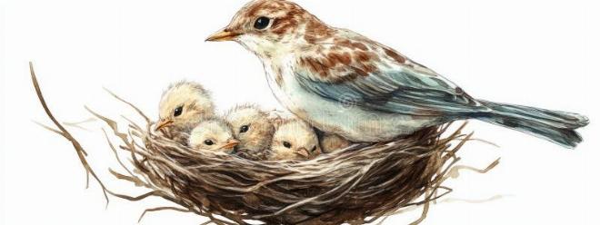Hình ảnh chú chim sẻ nhỏ Ti Ti nép mình bên mẹ trong tổ ấm, minh họa cho truyện cổ tích dạy dũng cảm