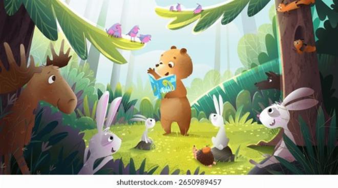 Hình ảnh chú Sóc Nâu nhỏ nhắn trong rừng hoa cỏ rực rỡ, đang lắng nghe lời dặn của bác Gấu già về bài tập tìm hạt dẻ