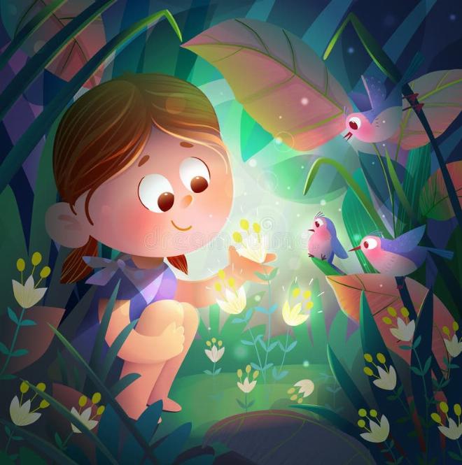 Hình ảnh cậu bé Hiếu trong truyện cổ tích kể chuyện phổ biến đang leo núi tìm thuốc cho mẹ