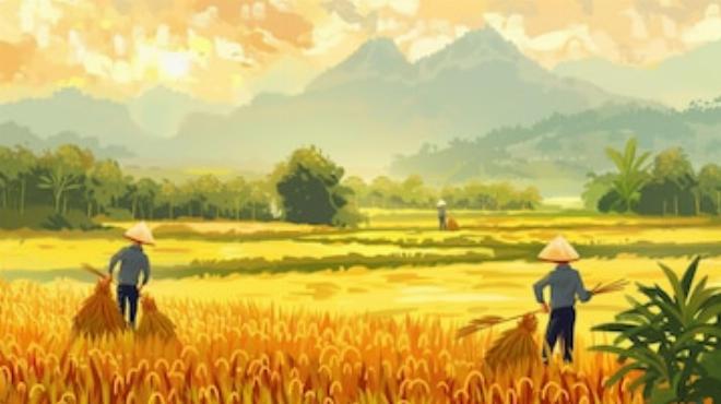Hình ảnh hai anh em chăm sóc mầm thóc trong vườn, một câu chuyện cổ tích ý nghĩa cho trẻ em về sự chăm chỉ
