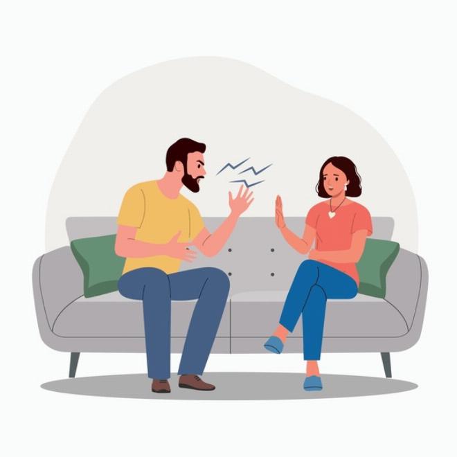 Truyện cười về gia đình, cặp vợ chồng ngồi ghế sofa cãi nhau hài hước, tình huống dở khóc dở cười, góc chụp cận cảnh, ánh sáng phòng khách ấm áp, phong cách minh họa vui nhộn