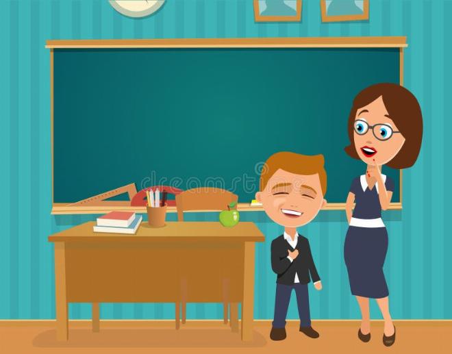 Cảnh lớp học với thầy giáo và học sinh có những biểu cảm hài hước khi đọc truyện cười ngắn