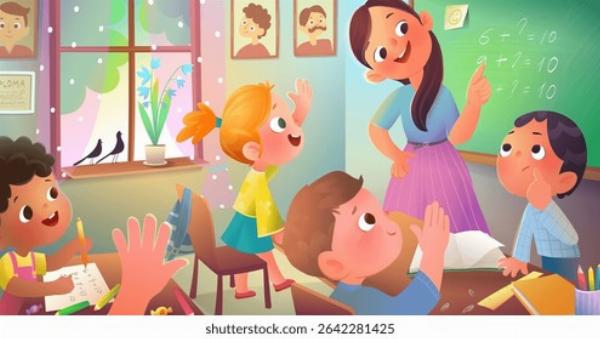 Truyện cười học đường vui nhộn, cảnh cô giáo đang giảng bài và học sinh giơ tay phát biểu