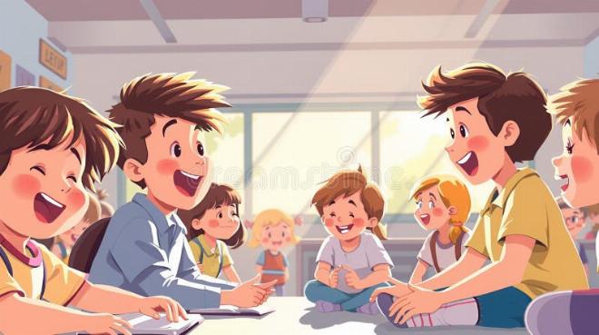 Một nhóm học sinh đang cười đùa vui vẻ trong giờ giải lao tại lớp học, phong cách hoạt hình tươi sáng
