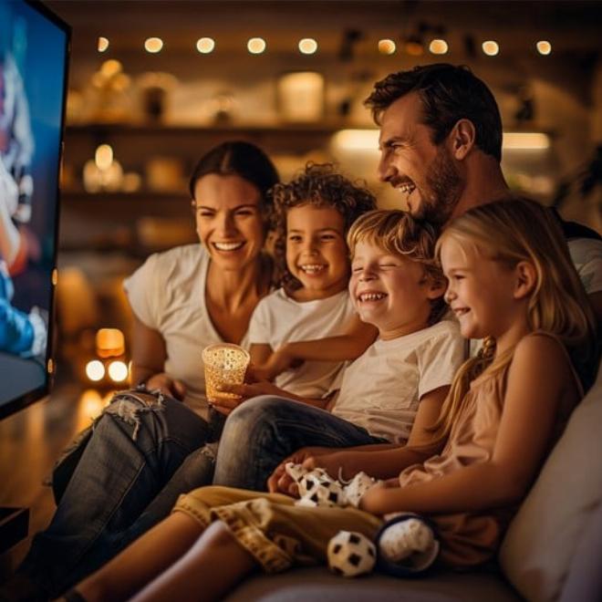 Một gia đình nhỏ cùng nhau đọc truyện vui và cười đùa ấm áp trong phòng khách