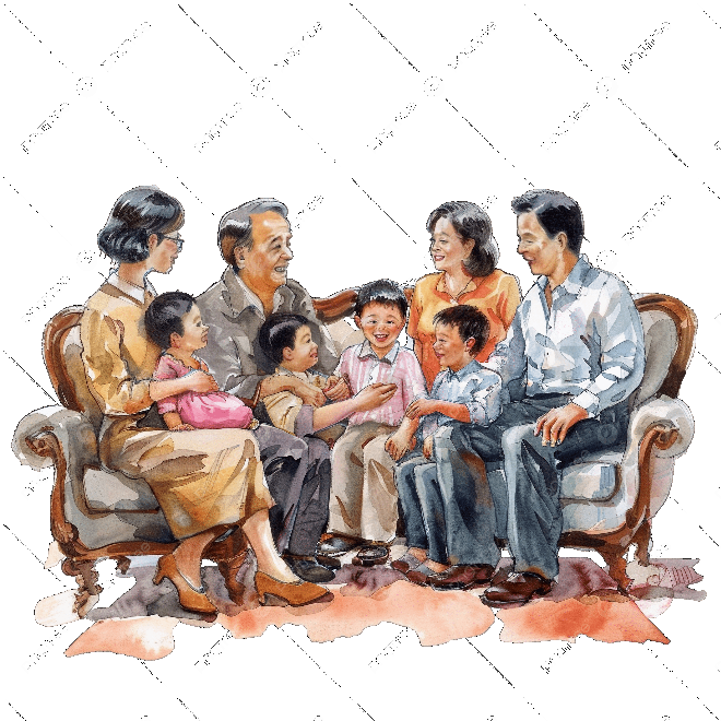 Cả gia đình quây quần cười đùa hạnh phúc trong phòng khách